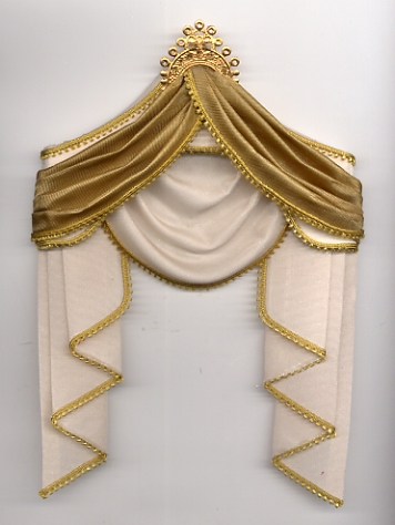 Peaked Pelmet Curtains with Gold Trim and Tails